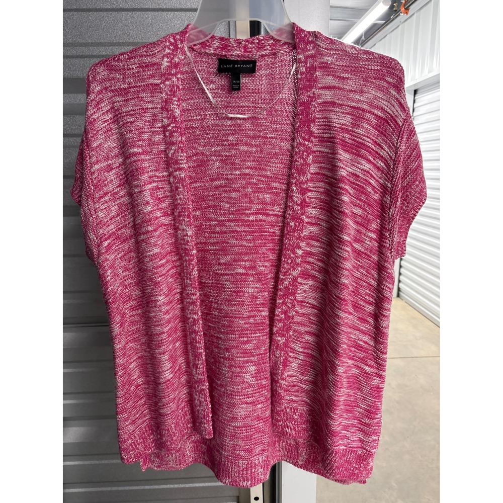 Lane Bryant Pink White Space Dye Open Front Short Sleeve Cardigan Sweater 14/16